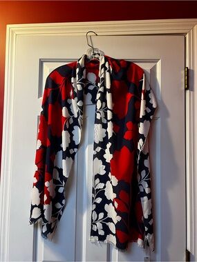 Talbots Red Navy White Floral Wrap Scarf
